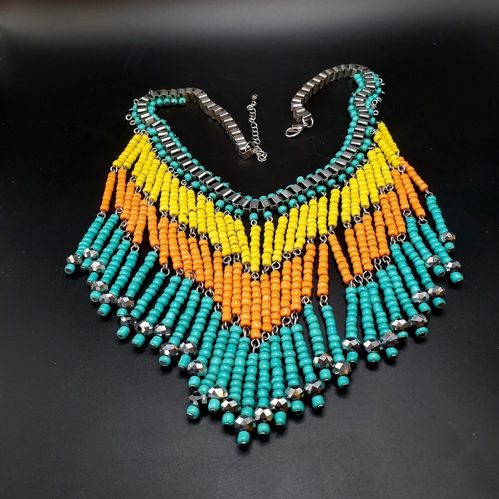 Colorful‎ Turquoise, Orange And Yellow Fringed Necklace On Heavy Chain. 24"